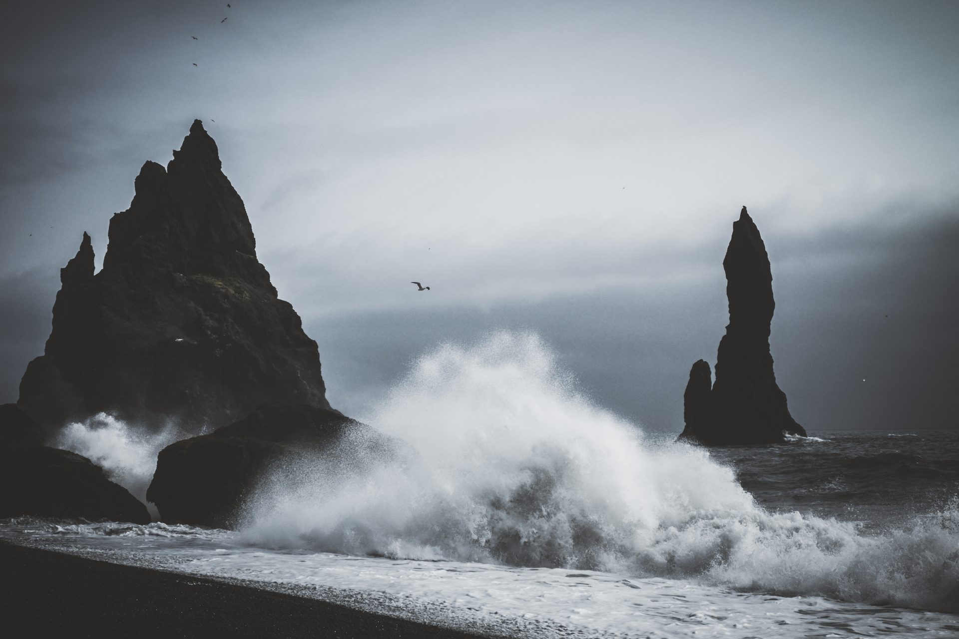 Waves crashes onto black sand beach in Iceland